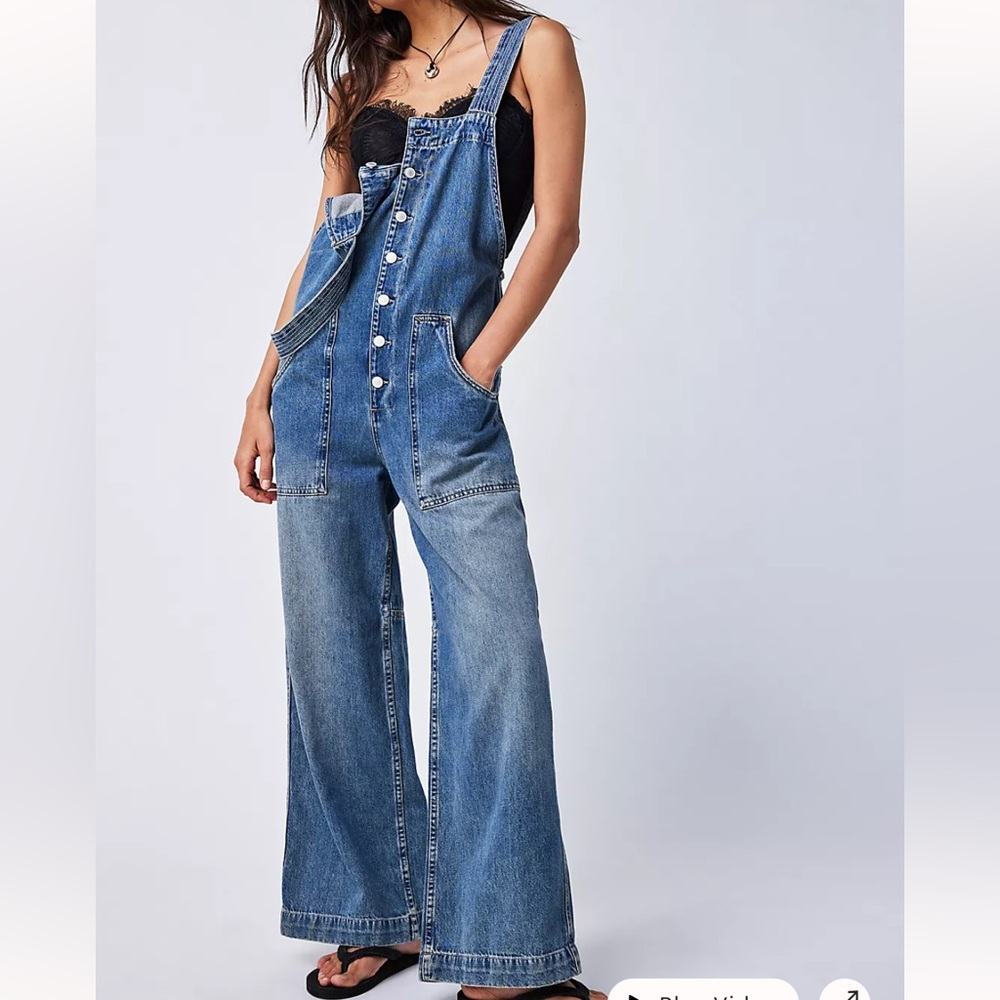 Free People Blue Wide-Leg Denim Overalls